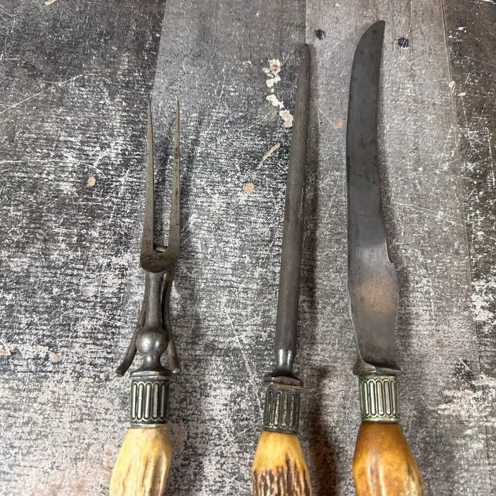 Antique E. M. Dickinson Sheffield England Invicta Stag 3 Pc. Carving‎ Set